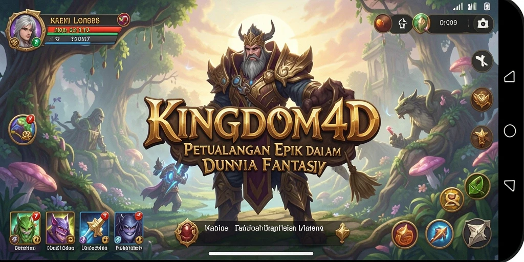 Screenshot gameplay KINGDOM4D menampilkan pertarungan epik karakter di dunia fantasi.
