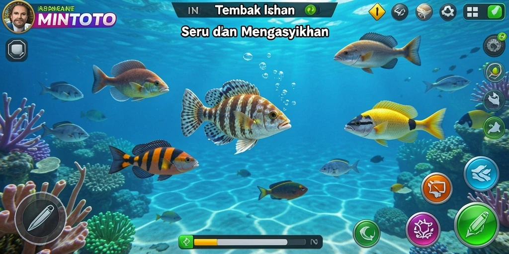 Tangkapan layar gameplay MINTOTO yang menampilkan serunya menembak ikan.